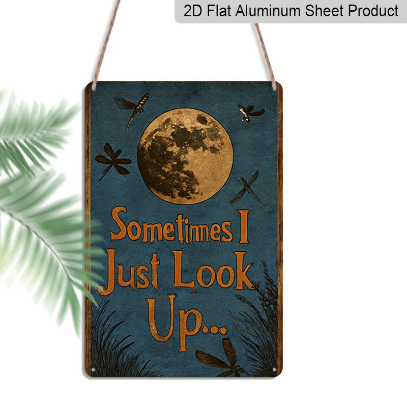 2D Flat Retro Dragonfly and Moon Metal Aluminum Plaque - "Sometimes I Just Look Up" Quote - Country Style Decor - Deep Blue Night Sky with Stars