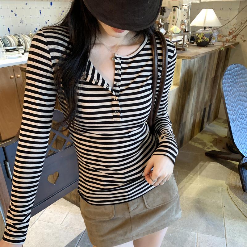 Women's High-End Lyocell Tencel Stripe Henley Neck Slim Fit Long Sleeve Top for Autumn/Winter