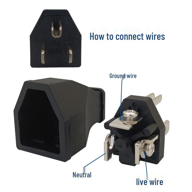 Enchufe de Alimentación Socket Macho-Hembra de Tres Pines Estilo Americano 15A 125V, Negro