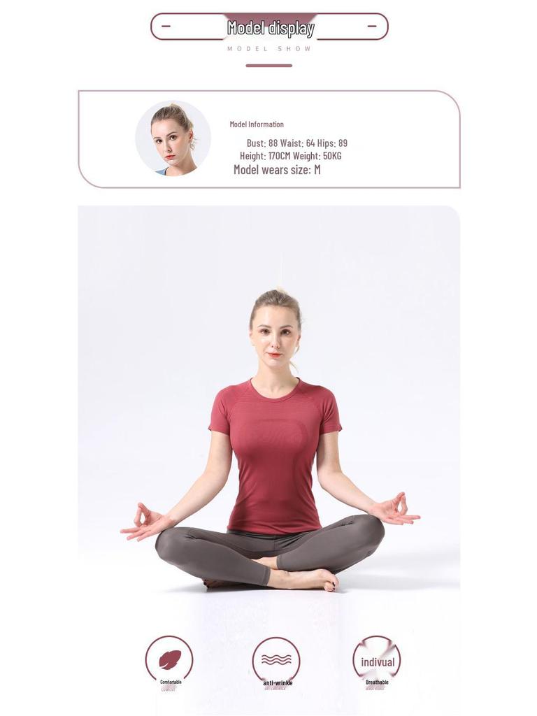 2.0 Evropský a americký jógový top s kulatým výstřihem: Dámský vysoce elastický fitness krátký rukáv