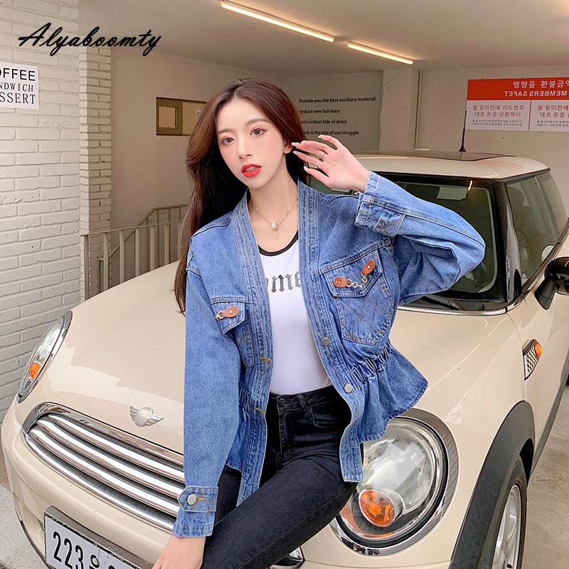 Casaco Feminino Azul Jeans Estilo Coreano Decote V Casual Solto Básico Jaqueta Feminina Streetwear Elegante Oversized