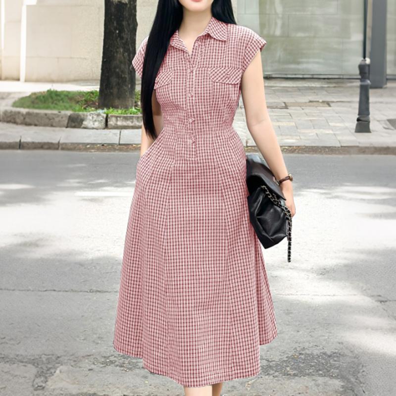 ZANZEA Damen Lässiges Kleid mit Umlegekragen, Karomuster, locker, kurzärmelig