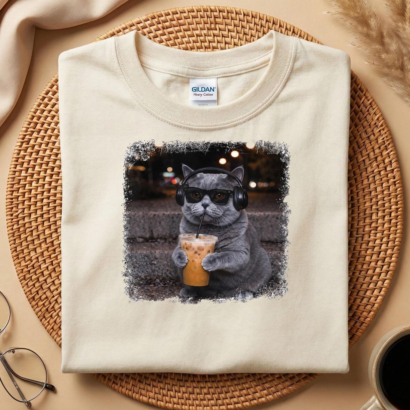 Cool Grey Cat Boba Tea T-Shirt, Funny Cat Headphones Shirt, British Shorthair Cat Lover Gift, Cute Cat Coffee Tee, Cat Mom Gift S