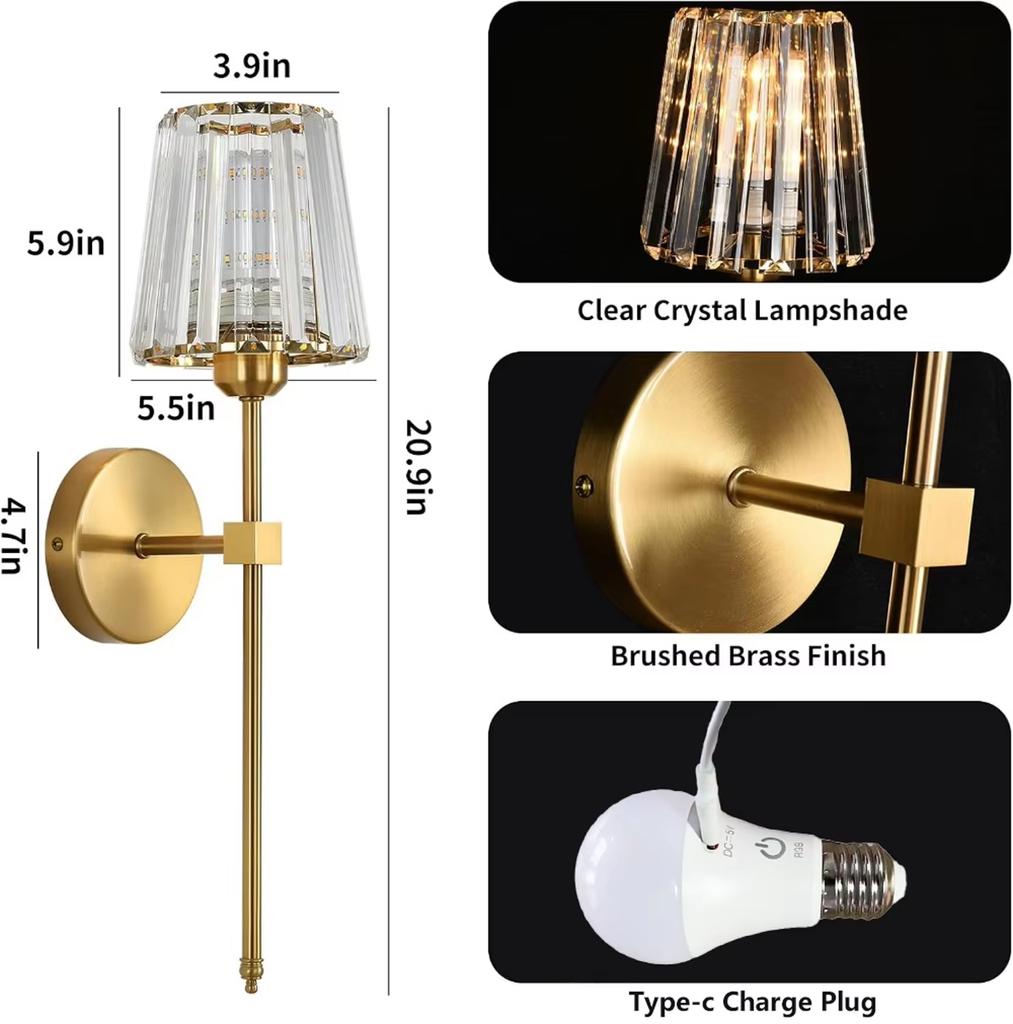 American Style Wall Lamp No wiring LED Rechargeable Bulbs wall Light Crystal wall Sconce For Bedroom Background Home Lighting