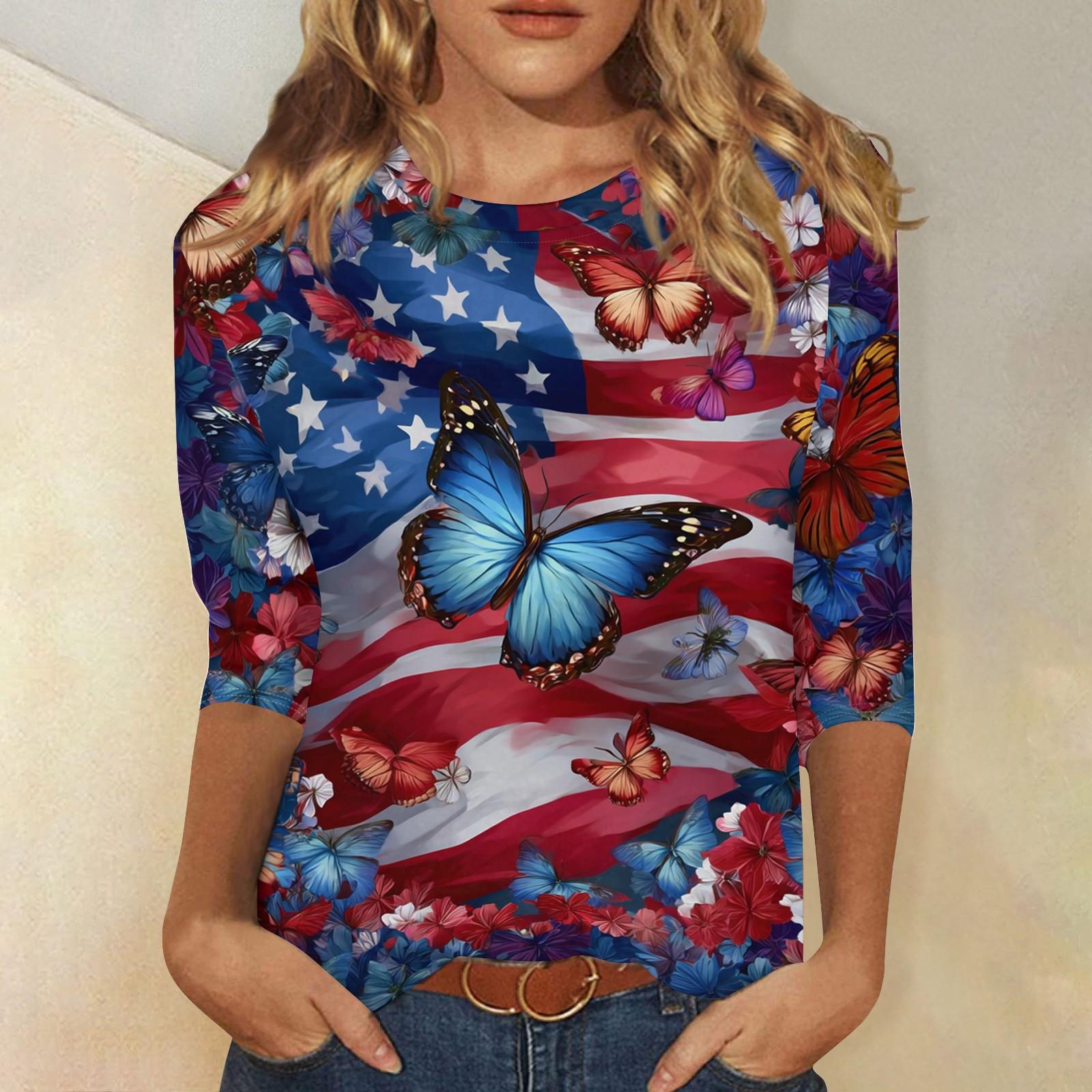

Женская модная повседневная футболка с принтом американского флага и звезд ко Дню независимости, с вырезом, рукав три четверти XL