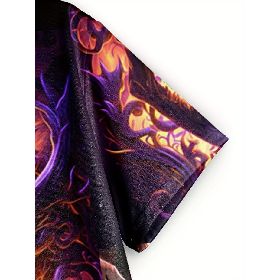 Plus Size Men's 3D Glow Skull & Flames Graphic Print T-shirt Funky Short Sleeve Tees For Summer, Halloween Men's Clothing
