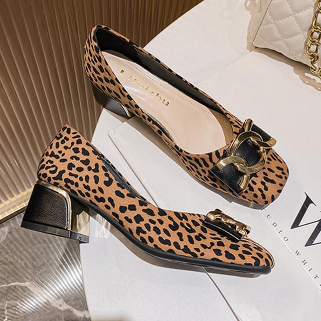 

Большие размеры 35–43, женские туфли-лодочки с леопардовым принтом на массивном каблуке, модные офисные женские кожаные туфли без шнуровки на среднем каблуке с квадратным носком и пряжкой 35