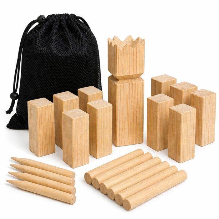 Lg-Expro Black Kubb Game - Ferry Jouets - 21 Pieces - Natural Wood - Storage Net - 2-12 Players