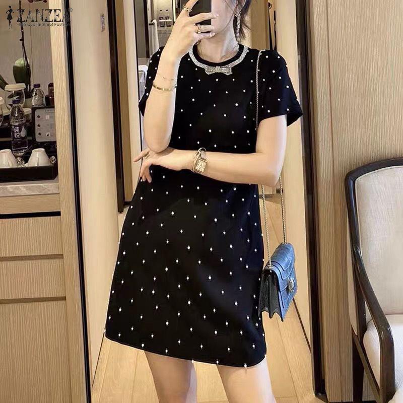 ZANZEA Women Short Puff Sleeve Polka Dot Slim Waist Casual A-line Dress
