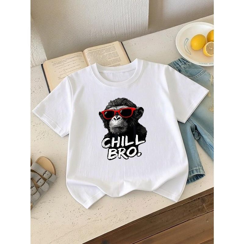 European sizes Boys' T-shirt Chimp Wearing Red Fashion Glasses Chill Bro, Ideal for Outdoor Activities, Soft Knitted Top, Comfortable And Breathable