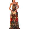 Women's Multi Color Abstract Print Strapless Maxi Dress Elastic Waist Flowy Long Dress