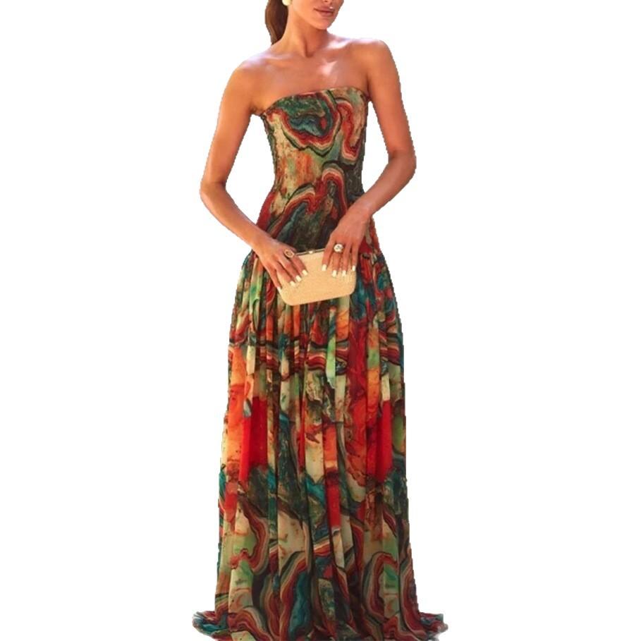 Women's Multi Color Abstract Print Strapless Maxi Dress Elastic Waist Flowy Long Dress