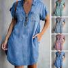 Women Mini Dress Zipper Decor Lapel Short Sleeves Patch Pockets Irregular Hem Solid Color Loose Above Knee Length Casual Lady Summer Dress