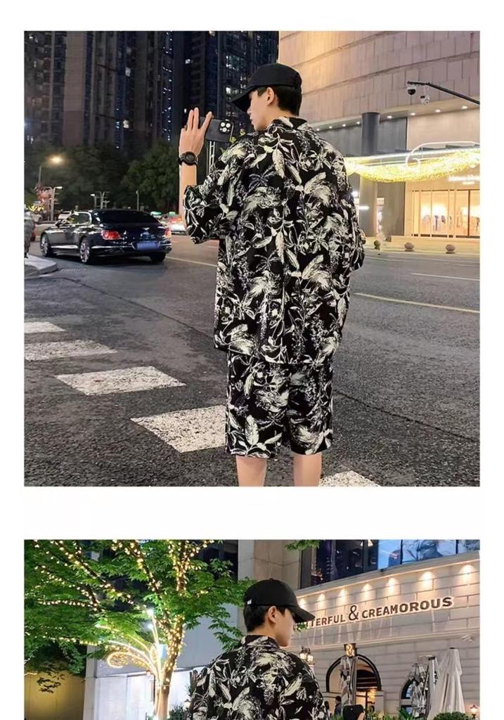 ZY30 Men's Summer Tie-dye Ice Silk Floral Two-piece Casual Set with Short-sleeved Shirt and Shorts