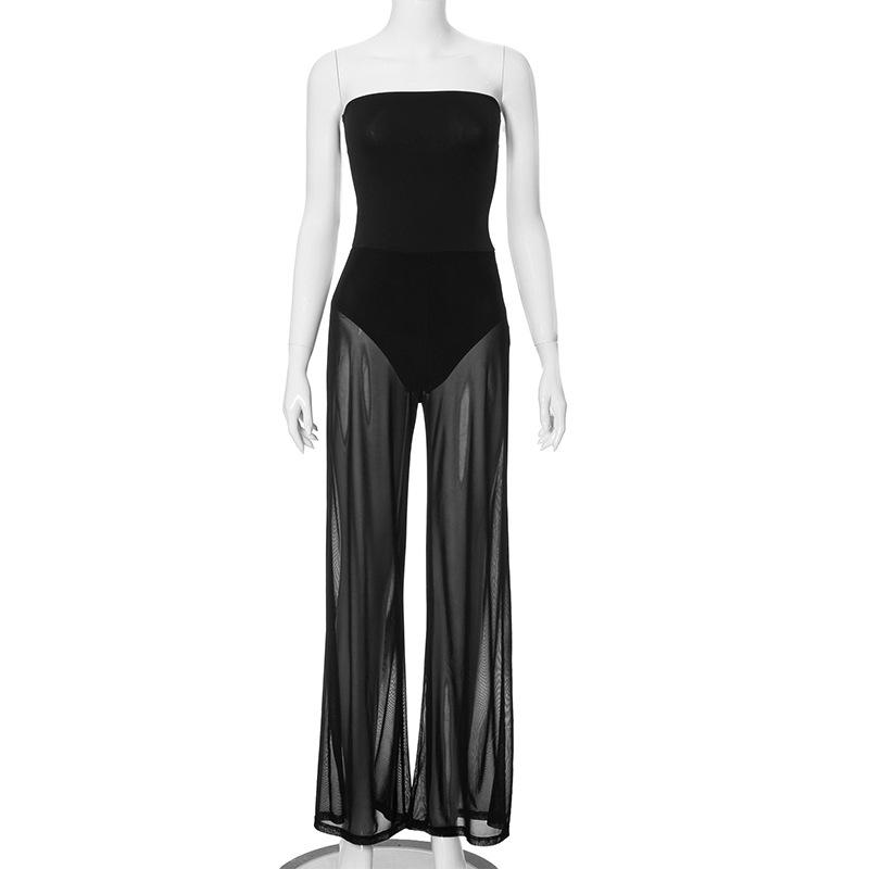 Black Sexy Backless Mesh Jumpsuits Women Summer Off Shoulder Sleeveless Bodycon One Piece Hot Girls Clubwear Sexy Vacation Lace Long Jumpsuit Femme