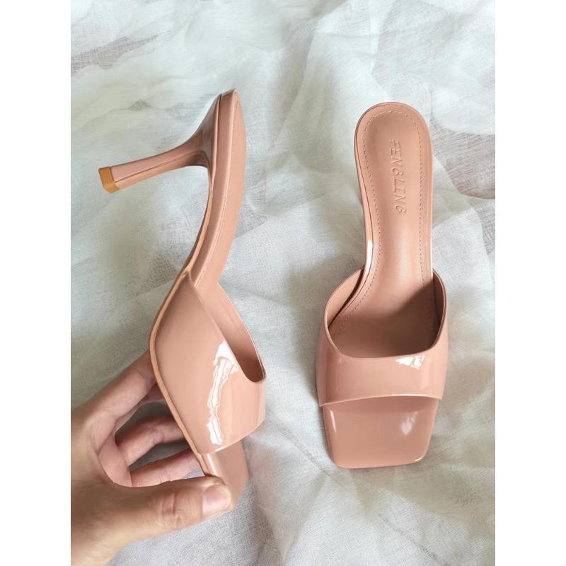 

Sheepskin version of high-heeled cool slippers women s summer versatile thin heels square toes sexy temperament wear one-word slippers 34