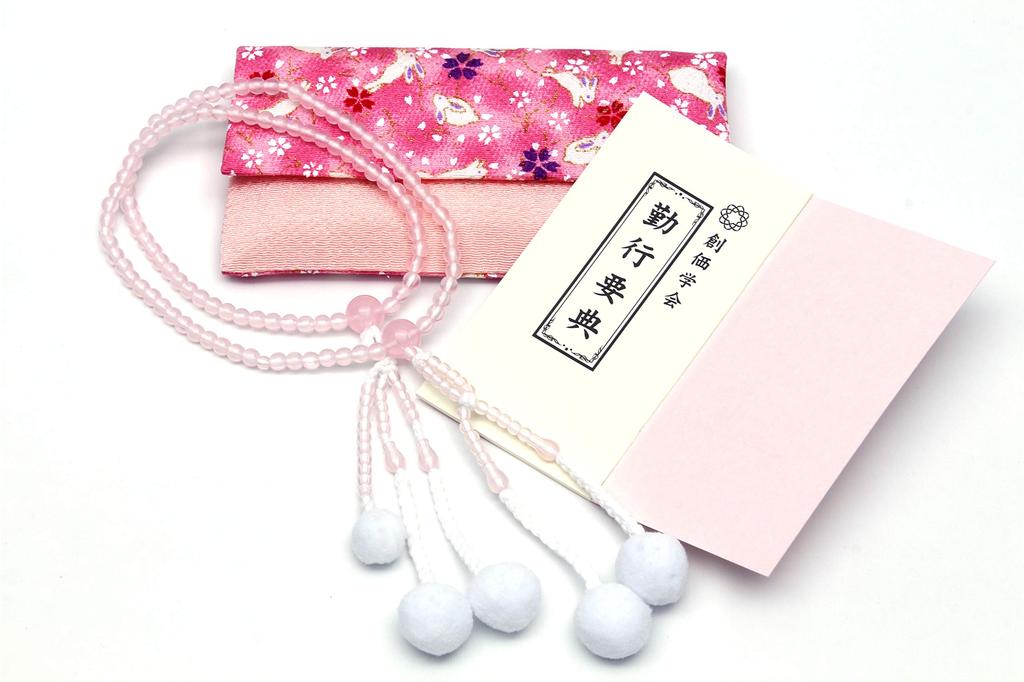 Made In Japan, Soka Gakkai Prayer Beads, New Member Gift, 3-piece Set for Women, Pink Rosary Case with Rabbit Motif, Rose Quartz.