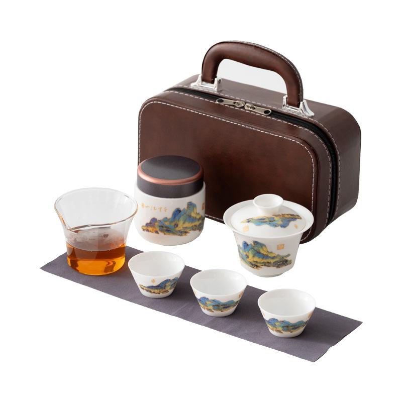 Travel tea set simple cover bowl teacup outdoor portable kung fu tea set Dehua white porcelain express cup