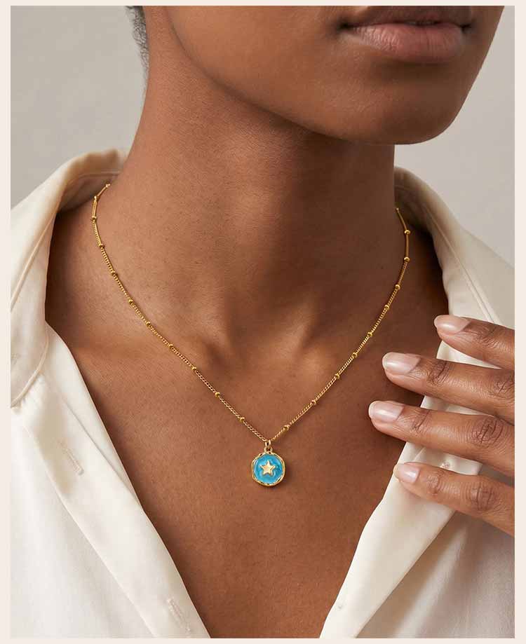 Colorful Enamel Round Pendant Necklace, Star Cross Heart Moon Choker, Stainless Steel Tarnish Resistant Clavicle Jewelry