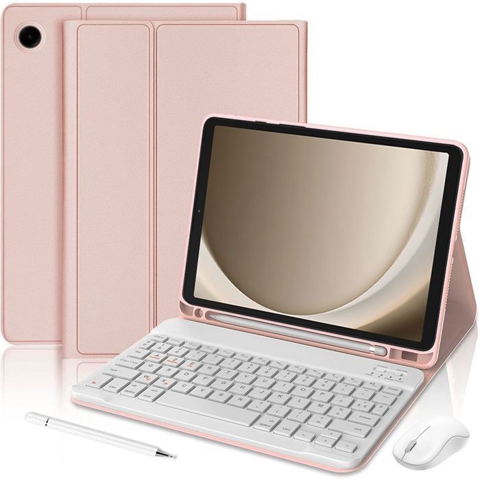 Coque Clavier pour Samsung Galaxy Tab A9 Plus / A11 Plus, Cuir PU Rose avec Clavier + Souris + Stylet