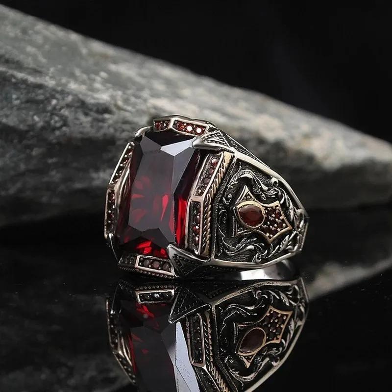 

Retro Turkish Handmade Men Rings Vintage Carved Pattern Red/Blue/Rainbow Zircon Rings Rock Punk Islamic Muslim Wedding Jewelry 9