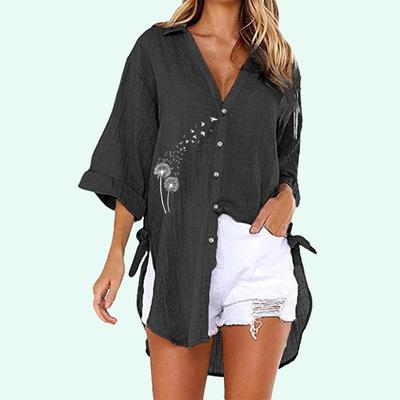 Women Fashion Half Sleeve T-shirt Summer&autumn Casual V Neck Top Print Buttoned-down Shirt Loose Long Blouses