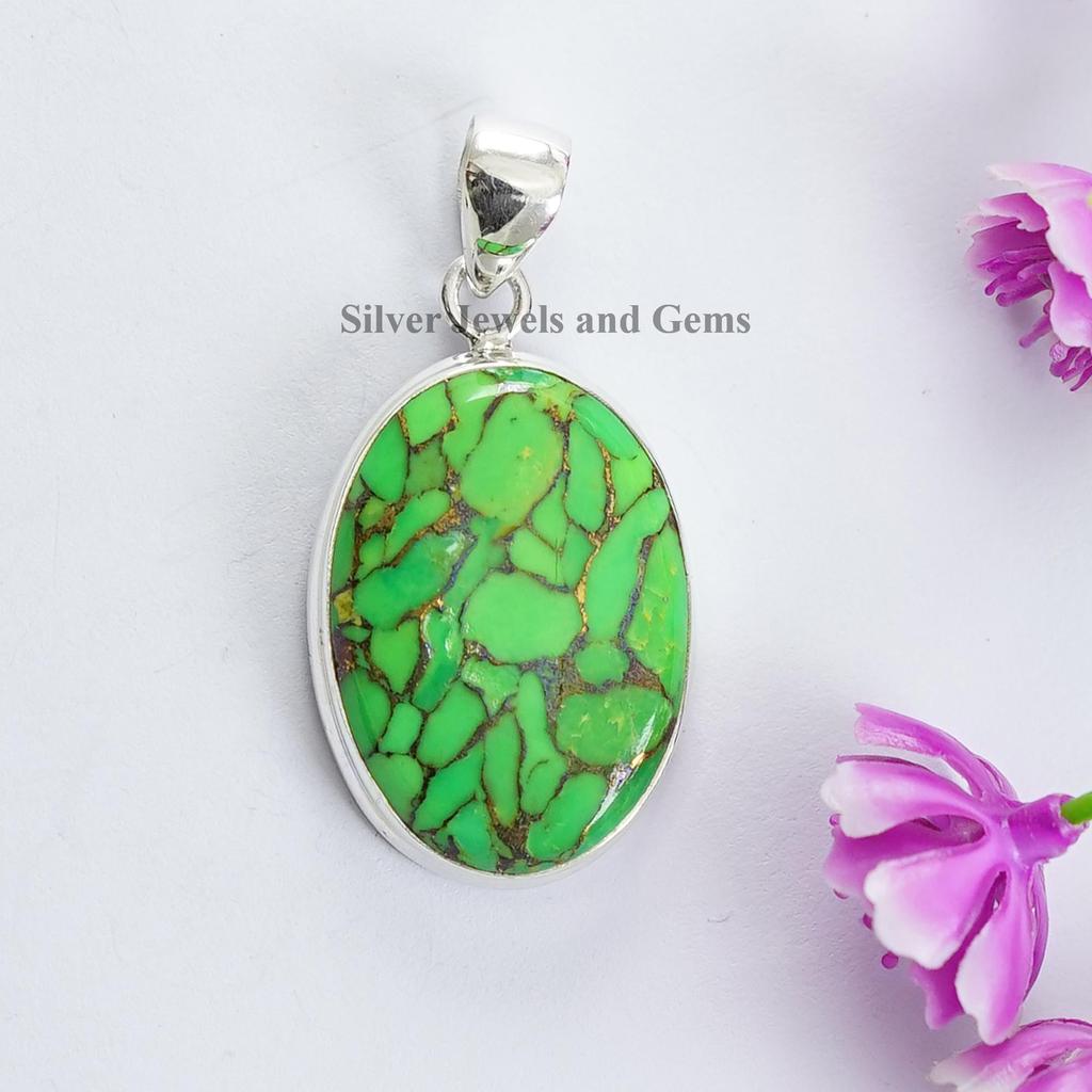 Handmade Green Copper Turquoise Pendant, 925 Sterling Silver, December Birthstone