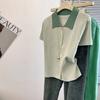 Light Blue Navy Contrast Collar Short Sleeve Ribbed Knit Cardigan for Women