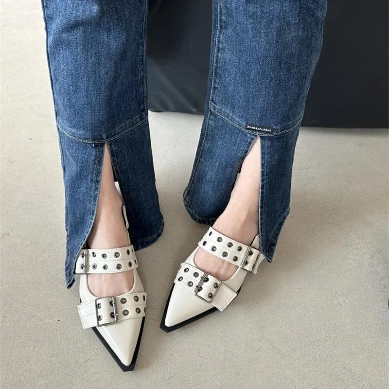 New Style Pointed Toe Thick Heel Sexy Pin Buckle Elegant Low Heel Women Shoes Comfortable Casual Fashion Sandals Chaussure Femme