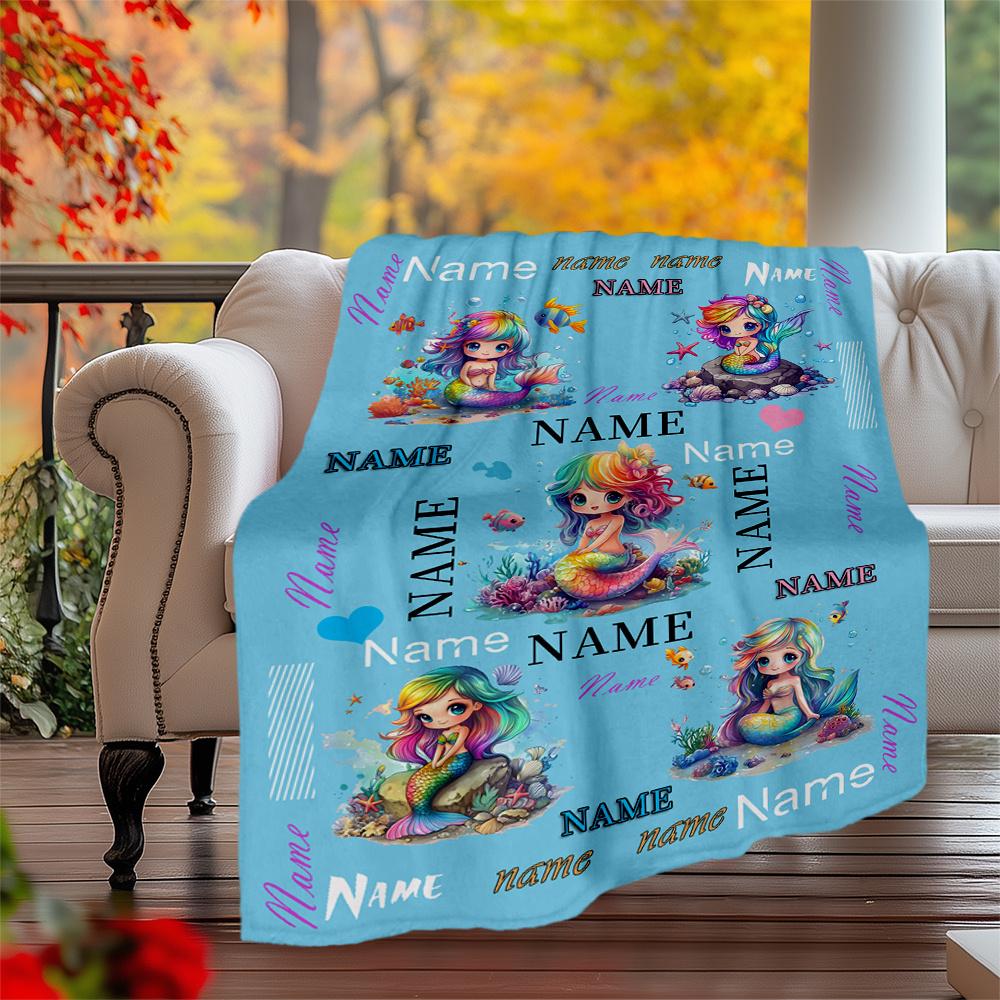Mermaid Fantasy Ocean Adventure Artwork Design Customizable Outdoor Blanket Personalized Name Soft Warm Cozy Throw For Picnics Outdoor Travel And