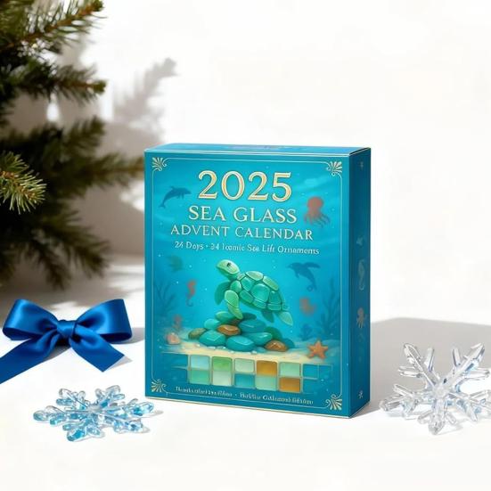Sea Glass Marine Life Advent Calendar 2025 24 Days Christmas Countdown Calendar with 24 Realistic Ocean Ornaments Seaside Decor for Kids Collectors