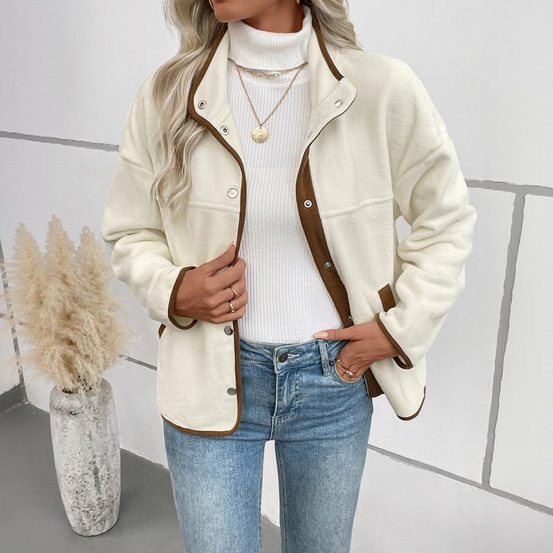 Color Block Fleece-Lined Stand Collar Women's Cardigan - 2025 Autumn/Winter Collection