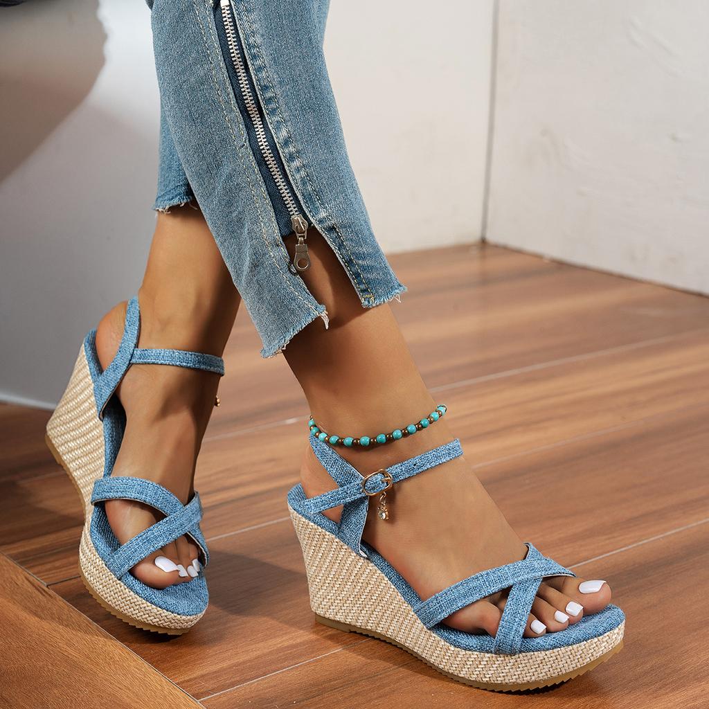 Large Size Thick-soled Wedge Heel One-word Buckle Sandals, New Summer Fish Mouth Wear Open-toed Beach Sandals