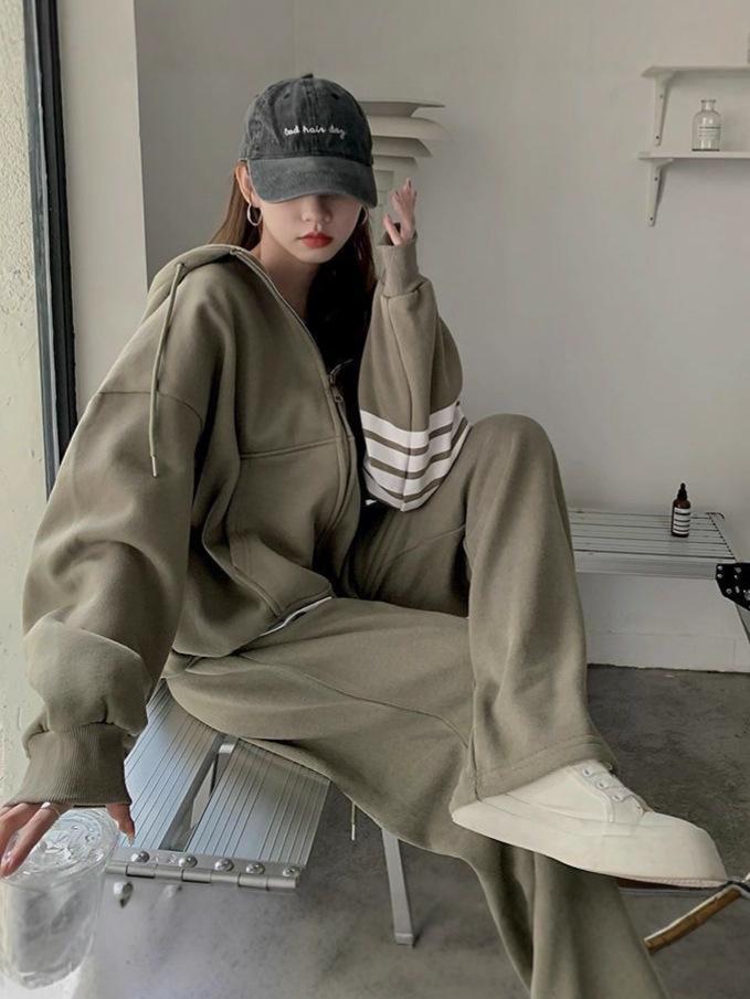 Korean Style Women's Tracksuit Set - Loose Zipper Hoodie Casual Fashion for Autumn/Spring