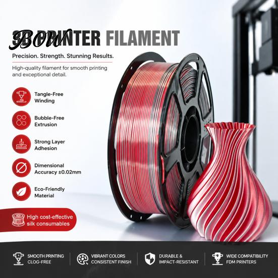 Two Color Silk Filament PLA 3D Printer 1.75mm, Red Silver Dual Filament, Printing Accessories for DIY Projects, Models and Crafts Spool