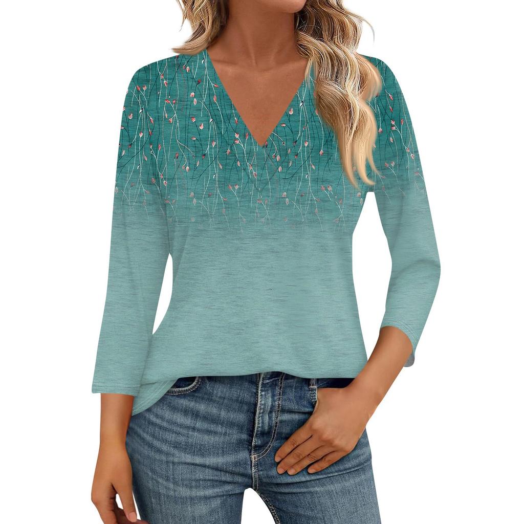 Damen 3/4 Ärmel Shirts V Ausschnitt Print Tops Casual Tops Basic Tees Bluse Lockere Oberteile
