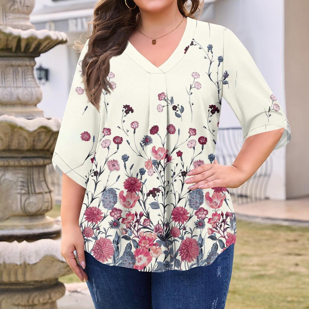 Women's Fashion Large Size Printed V-Neck Three-quarter Sleeve Top