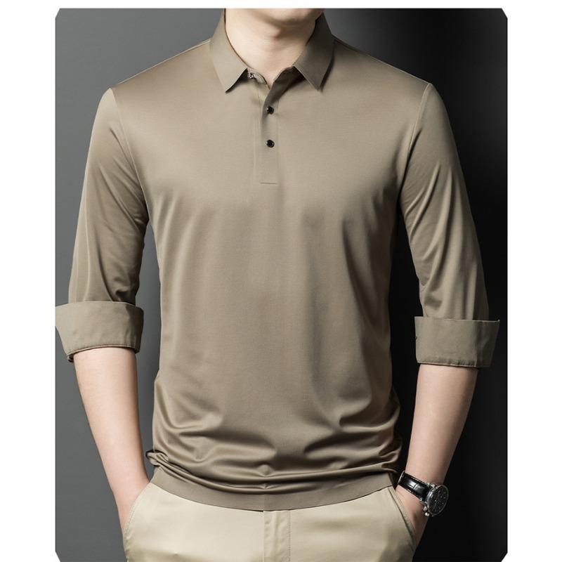 

Весенне-осенняя мужская рубашка поло с длинным рукавом, новая универсальная рубашка с отложным воротником для пап среднего возраста, повседневная рубашка снизу 3XL дубильная кора
