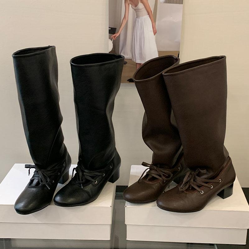 Fashion Female Round Toe Women Knee High Boots With Square Heels Shoes Fashion Lace Up Ladies Modern Long Boots Shoes Pumps