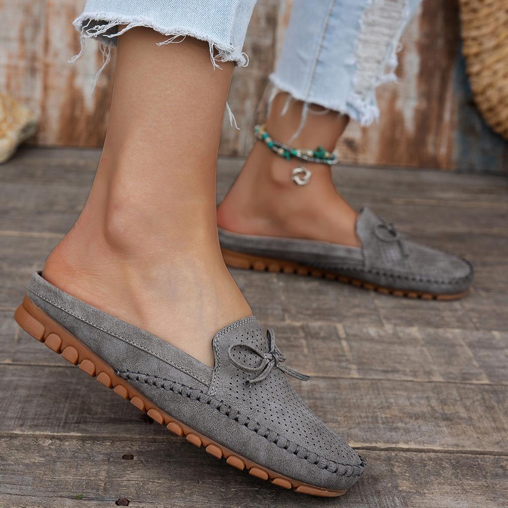 Women Slip On Loafers Soft Sole Casual Moccasin Shoes Perforated Upper with Bow Accent Comfortable Footbed