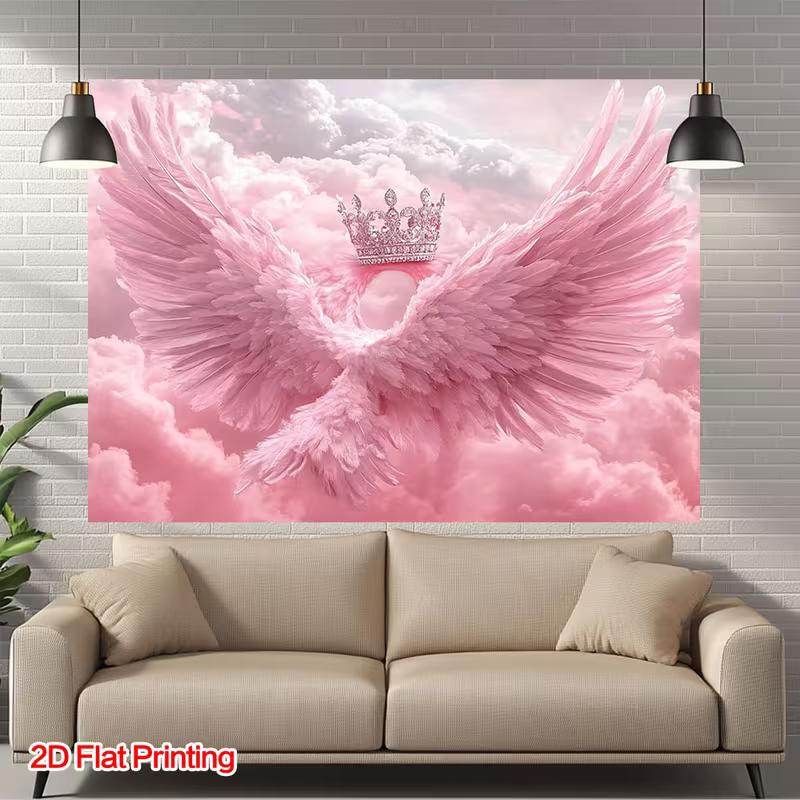 2D Aesthetic Pink Clouds Banner, Angel Wings & Crown Party Decor