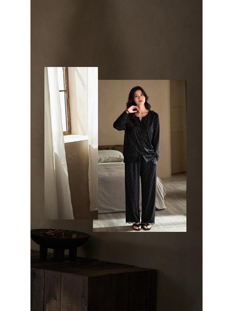 Set de pijama pentru femei cu dantelă cu buline și cupe pentru bust - Mânecă lungă și pantaloni pentru toamnă/iarnă, pentru acasă sau exterior