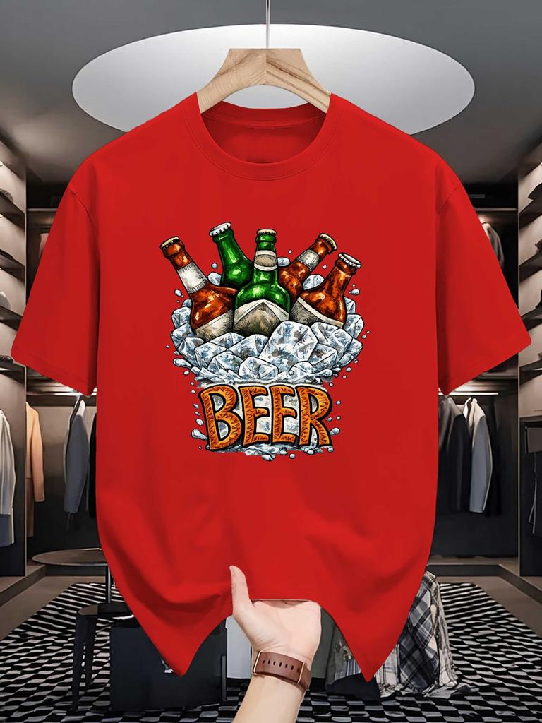 Unisex Red Tee Ice Cold Beer Bottles Retro Letter Food Graphic Print Crew Neck Short Sleeve Summer Casual Male Cotton Street Top
