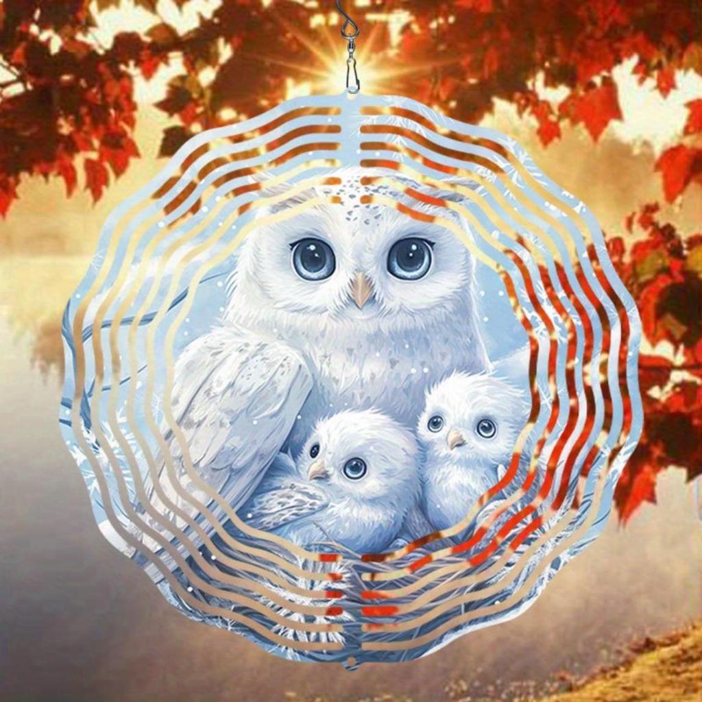 2D Mandala Wind Chime with Owl Family Pattern Metal Windmill Dynamic Sculpture for Garden Courtyard Hanging Decor Durable Outdoor