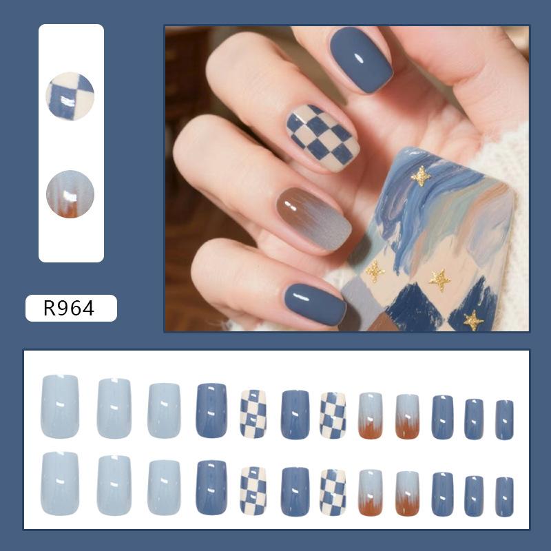 

Retro blue checkerboard brown smudged fashionable fake nail patches removable wearable nails 24 pieces