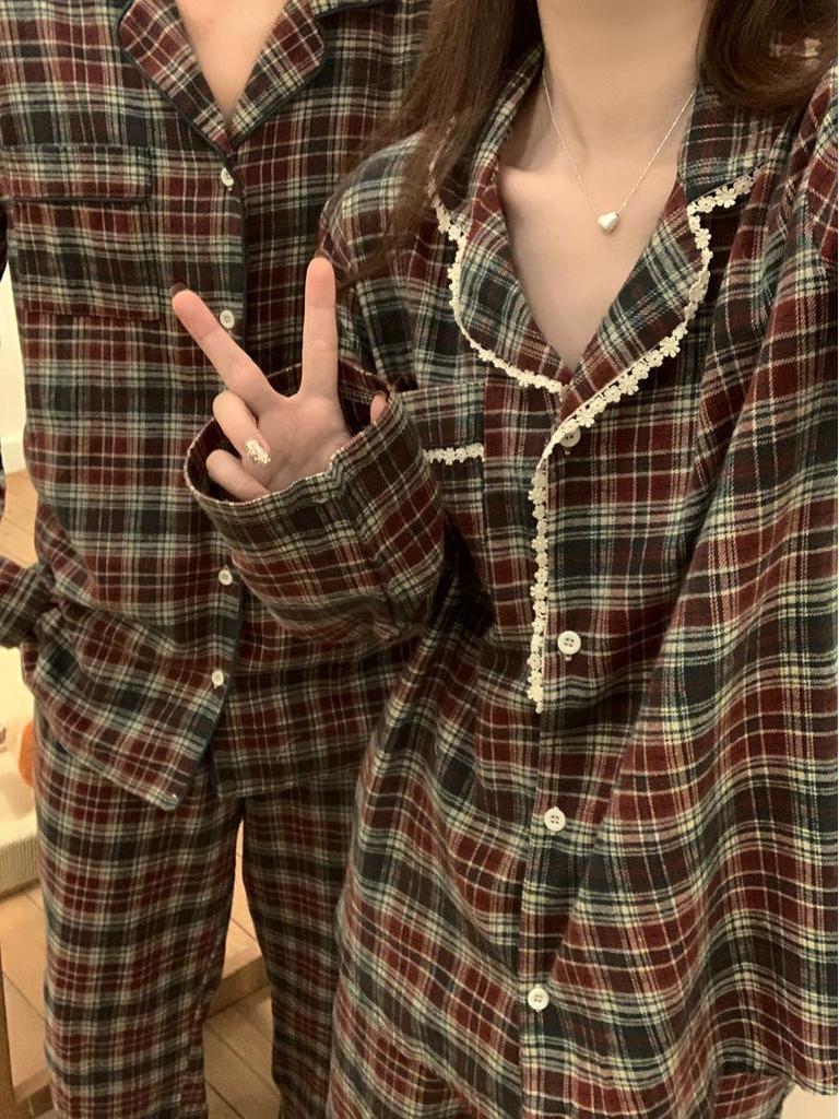 Japanese & Korean Style Couple's Plaid Lace Long-Sleeve Pajama Set