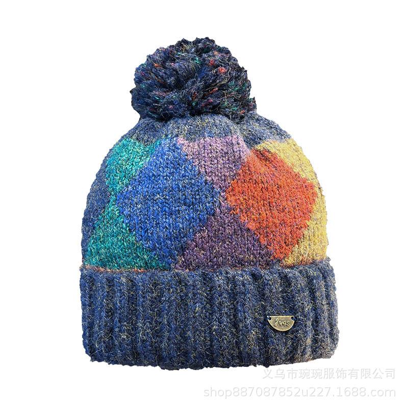 Rhombus Grid Wool Hat Women with Hairball Retro Color Autumn and Winter Warm Knitted Hat Windproof and Cold-resistant Cycling Cold Hat