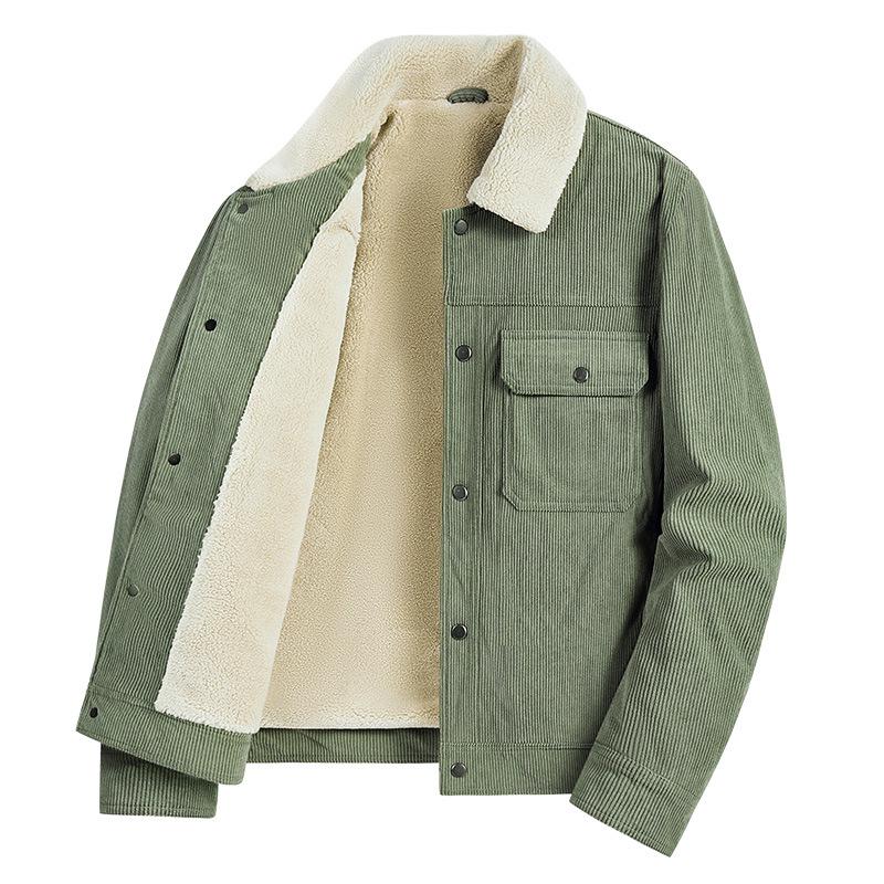 Men's Velvet-Lined Corduroy Jacket, Warm Lapel Cotton Coat for Autumn/Winter, Trendy 1925 Style