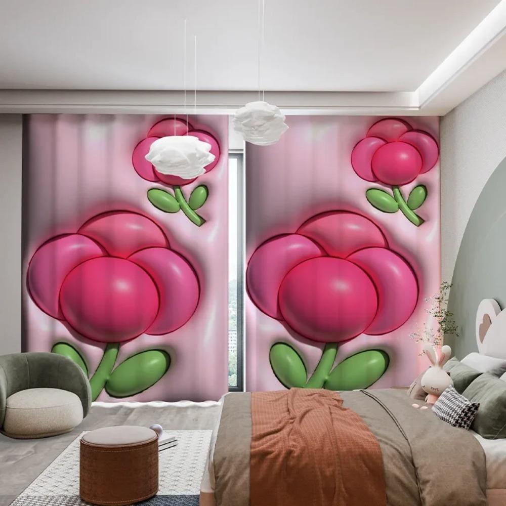 Custom Modern Simple High Shading Curtain Cartoon Pink Love Tulip Ins 3D Children's Room Bedroom Bay Window Thick Blackout Drape