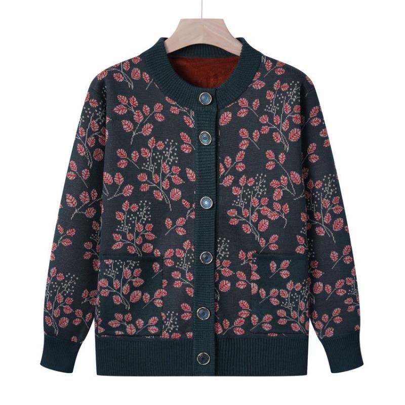 Mom autumn integrated fleece cardigan sweater jacket female grandma fleece knitted sweater autumn and winter top medium and old women's clothing